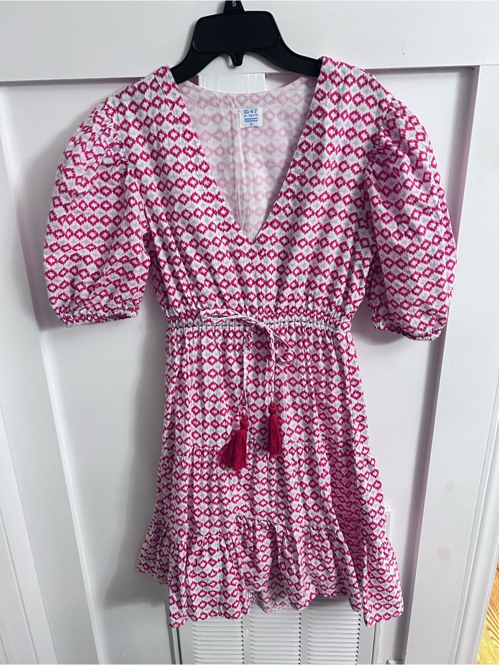 Mer St. Barth Pink Ikat Print Puff Sleeve Tassel Tie Dress Size S